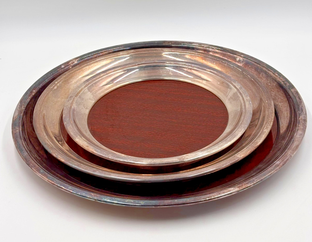 Vintage Crescent Silverplate Formica Coaster Set Wood Grain Bar Trays MCM